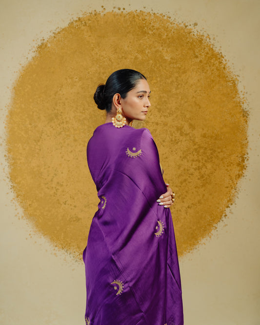 Moon Embroidered Saree - Purple