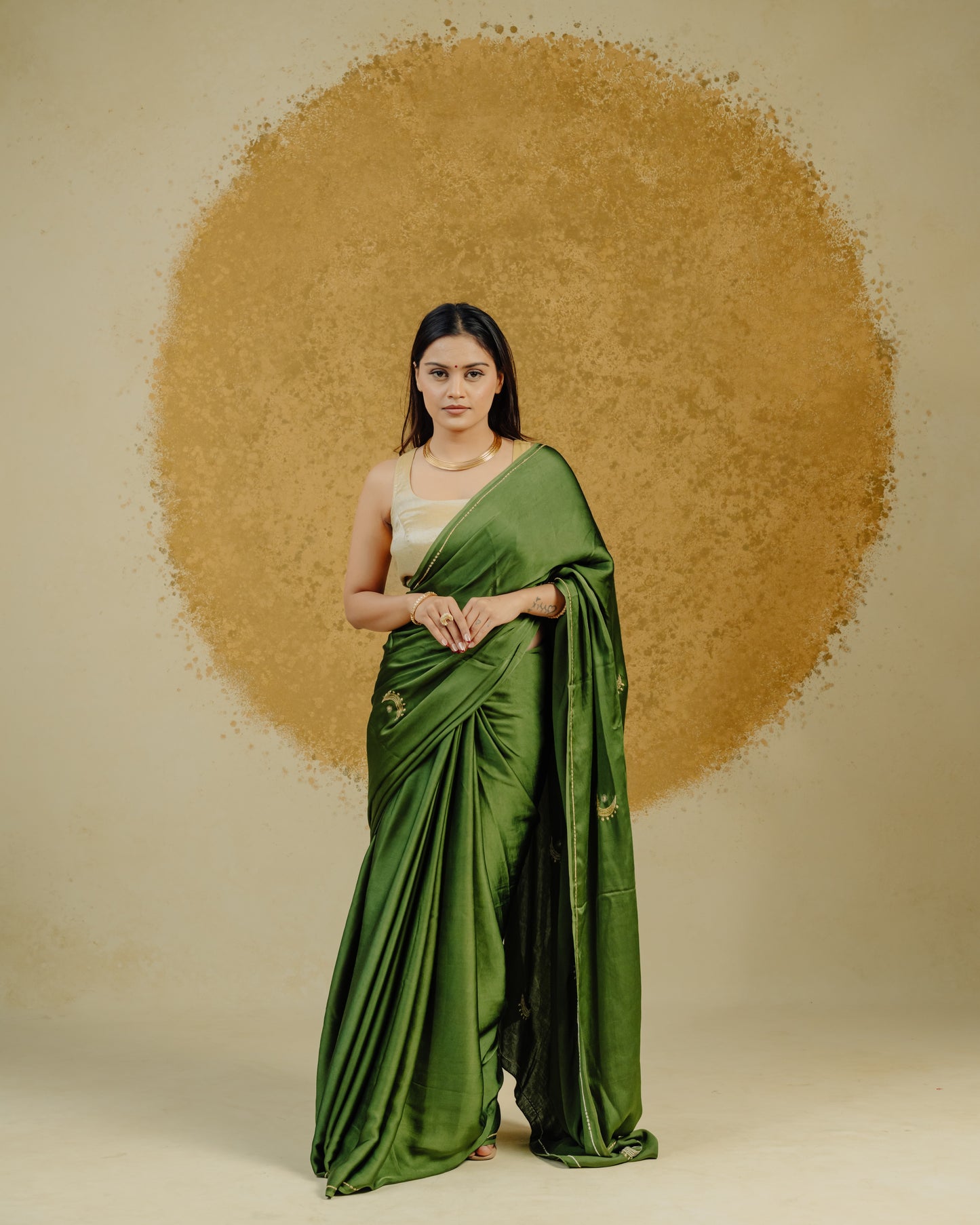 Moon Embroidered Saree - Olive