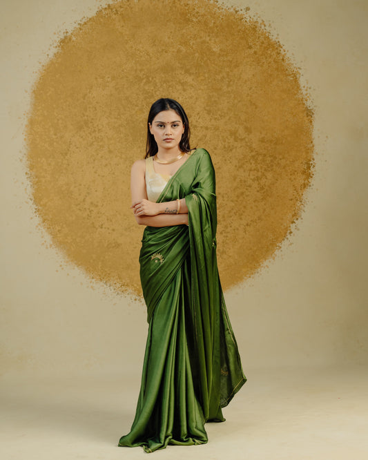 Moon Embroidered Saree - Olive