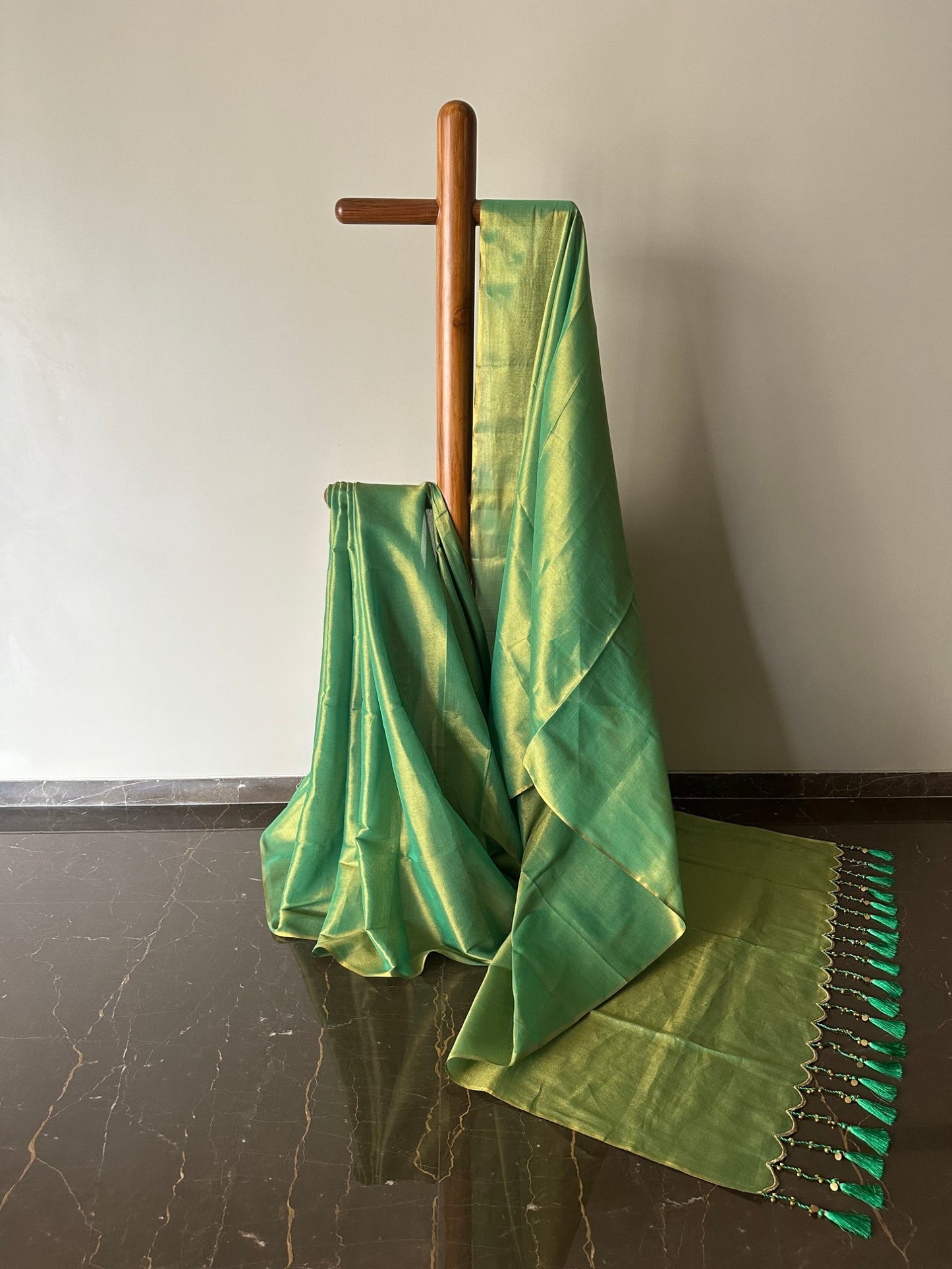 Handloom Tissue Saree with Embroidery Bell Tassels