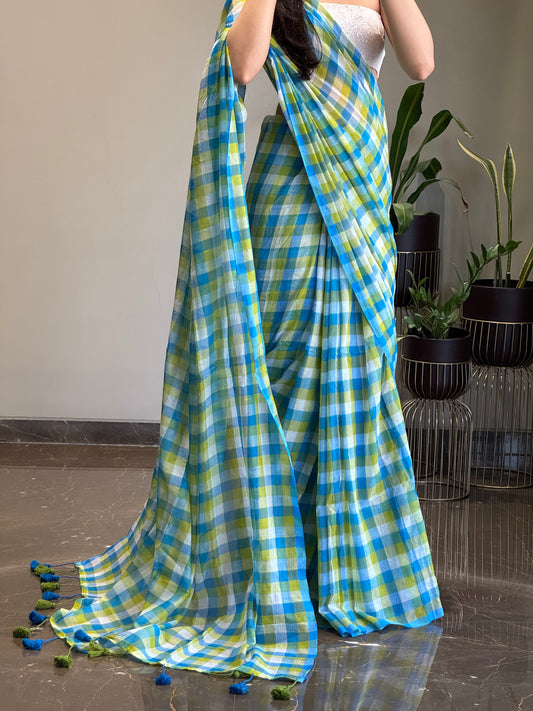 Summer Checks Saree Blue