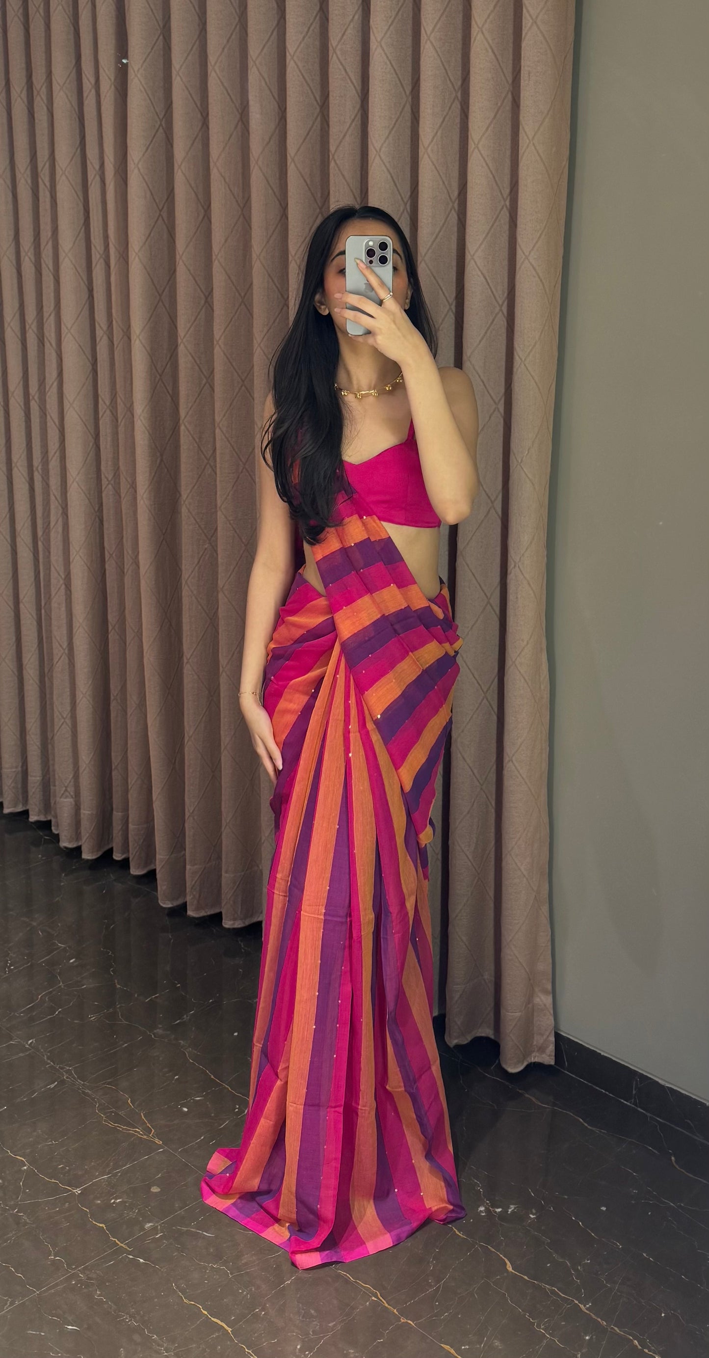Mul Cotton Striped Saree with Mini Sequins Pink