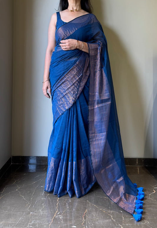 Mul Saree with Striped Zari Border - Blue