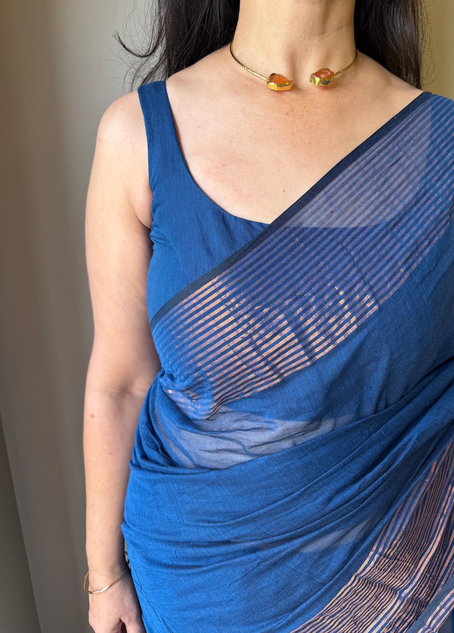 Mul Saree with Striped Zari Border - Blue