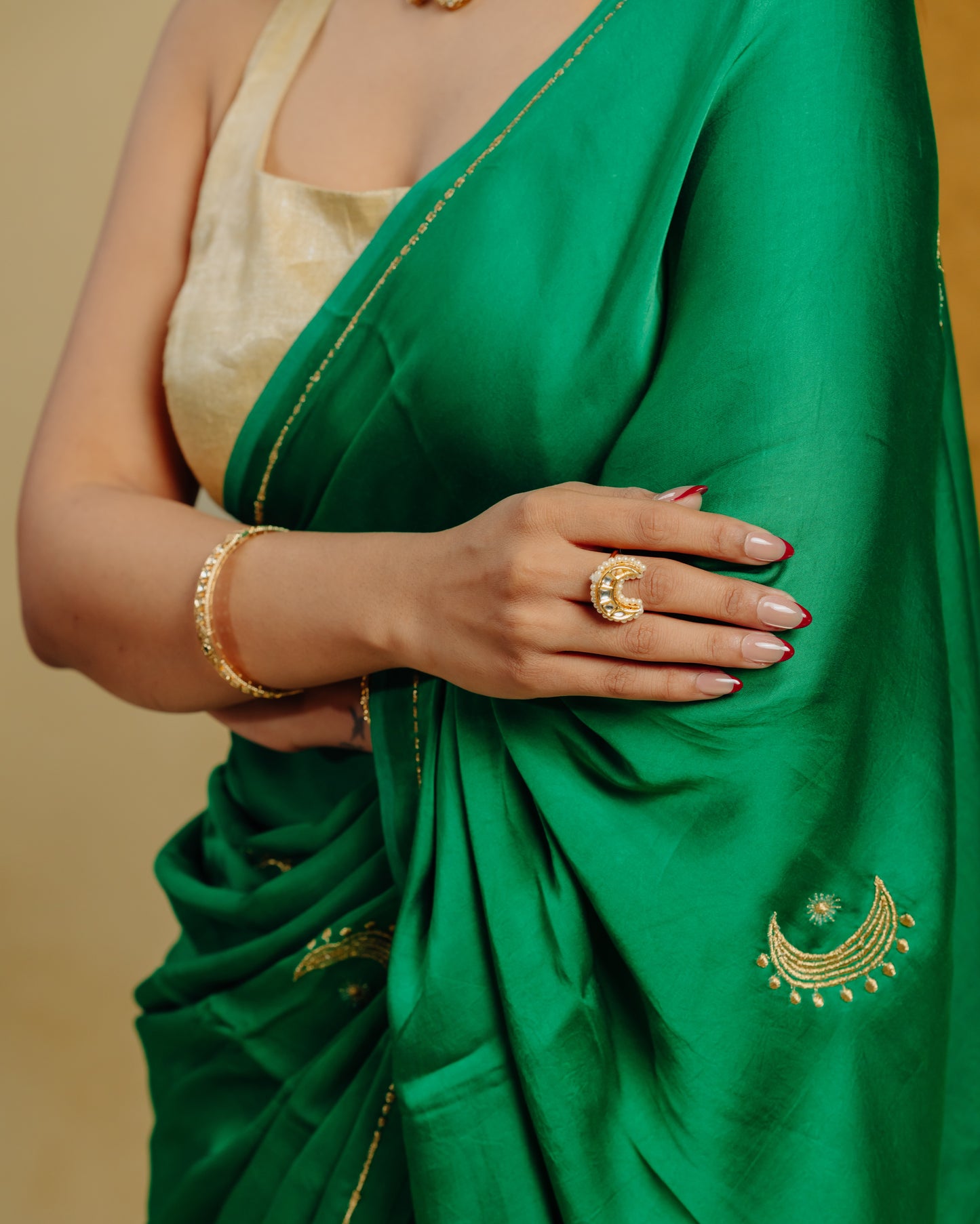 Moon Embroidered Saree - Green