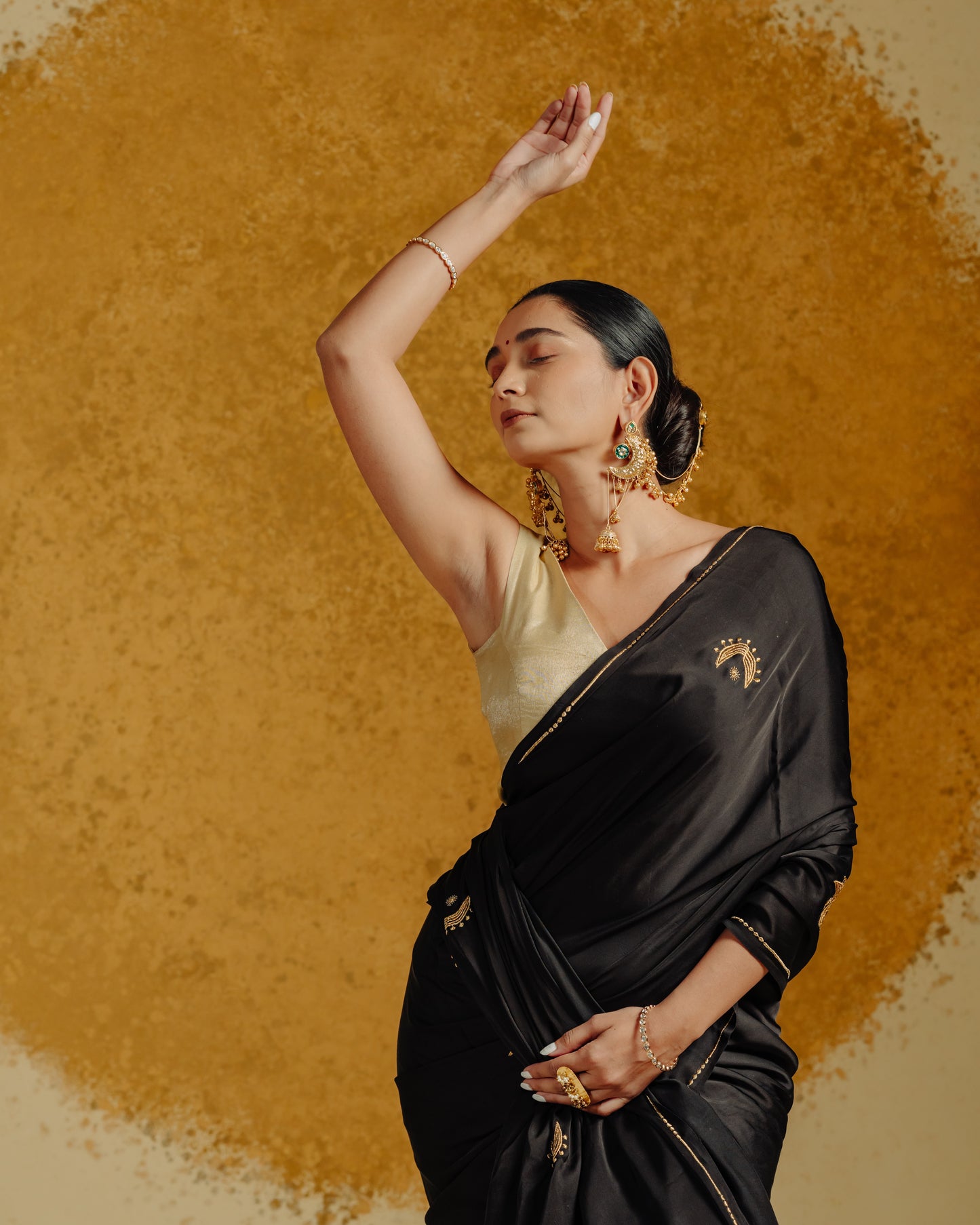 Moon Embroidered Saree - Black