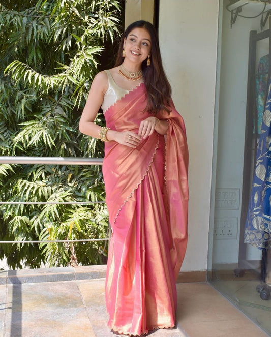 Handloom Tissue Saree with Scallop Border