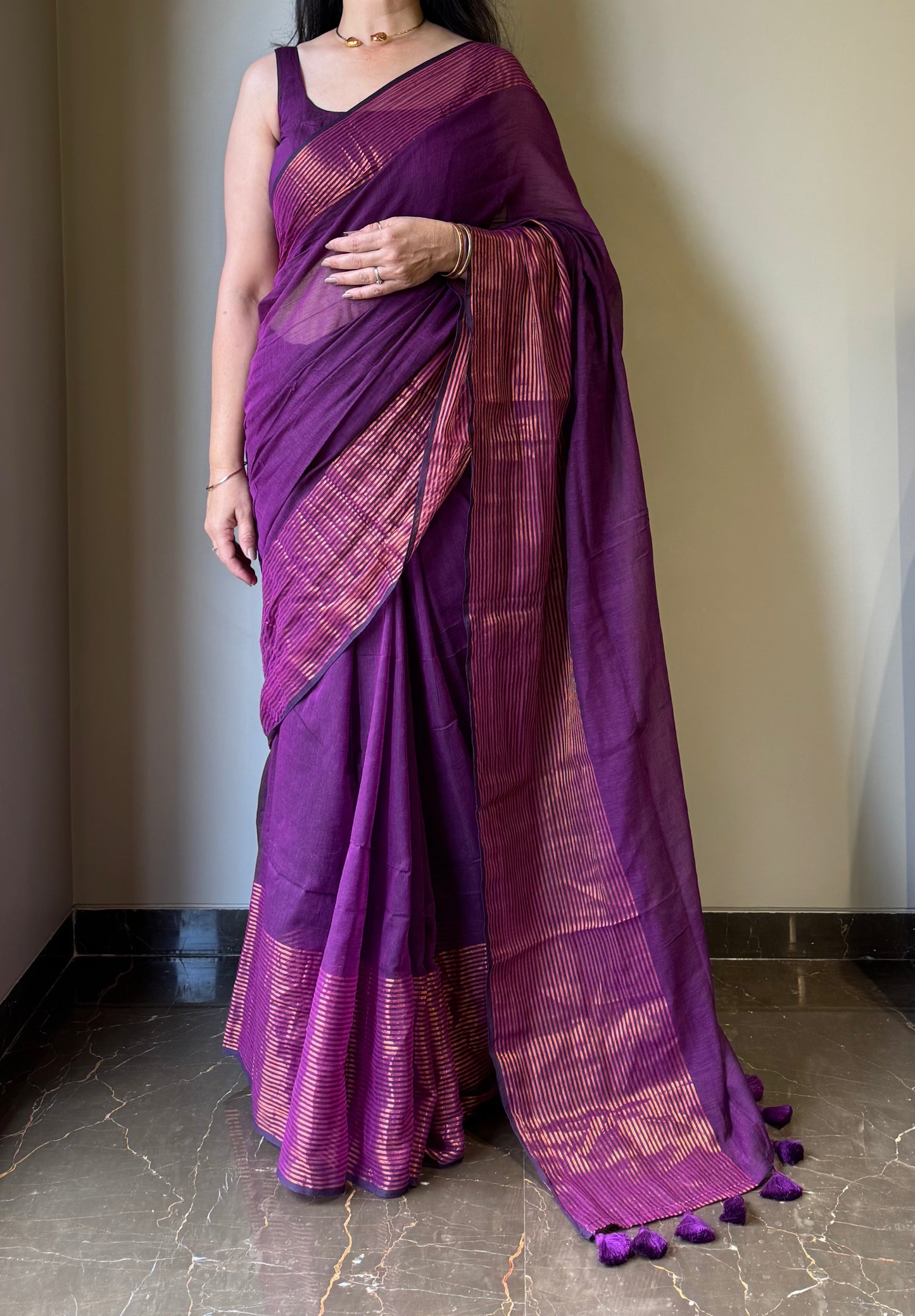 Mul Saree with Striped Zari Border - Purple