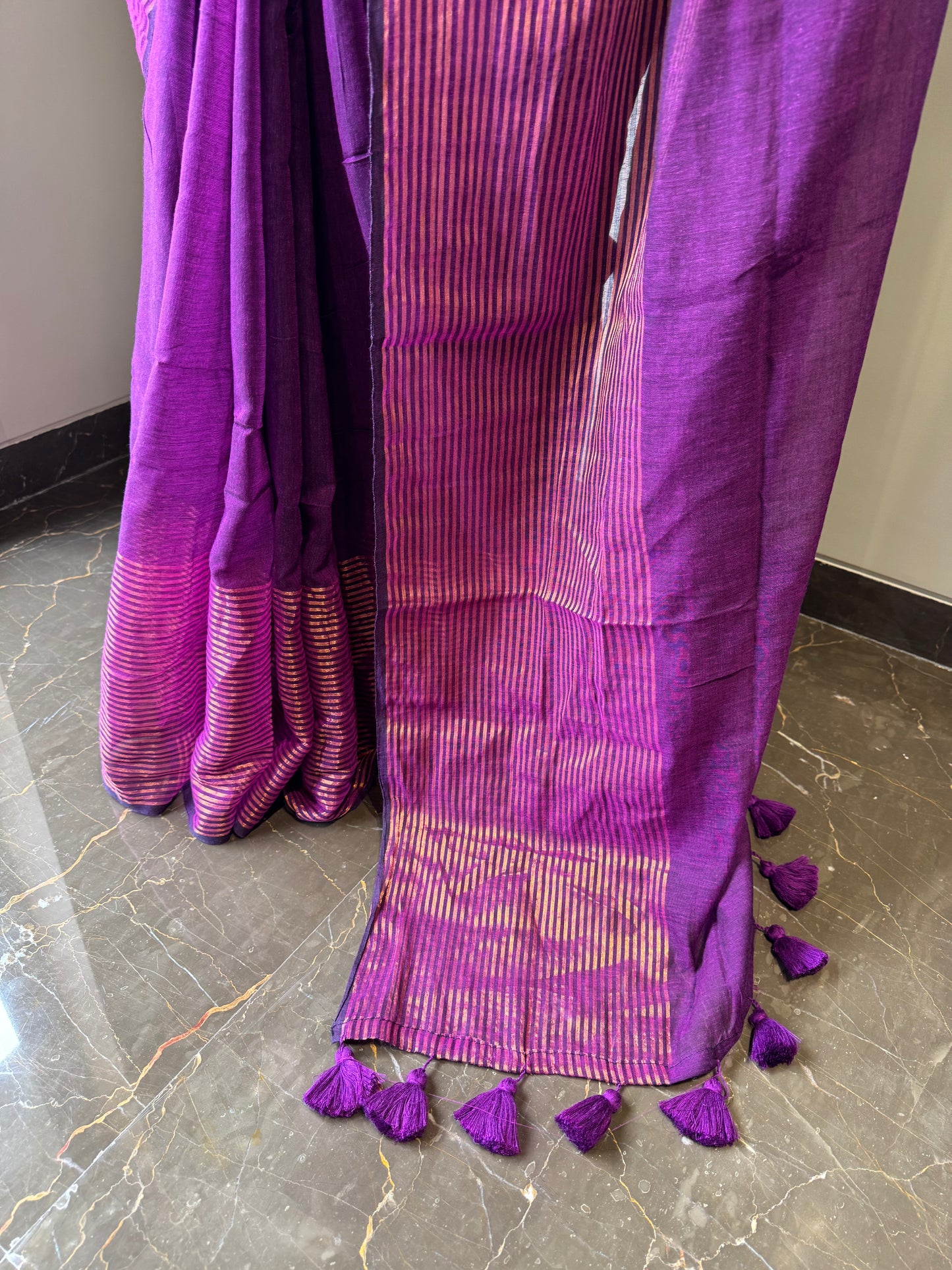 Mul Saree with Striped Zari Border - Purple