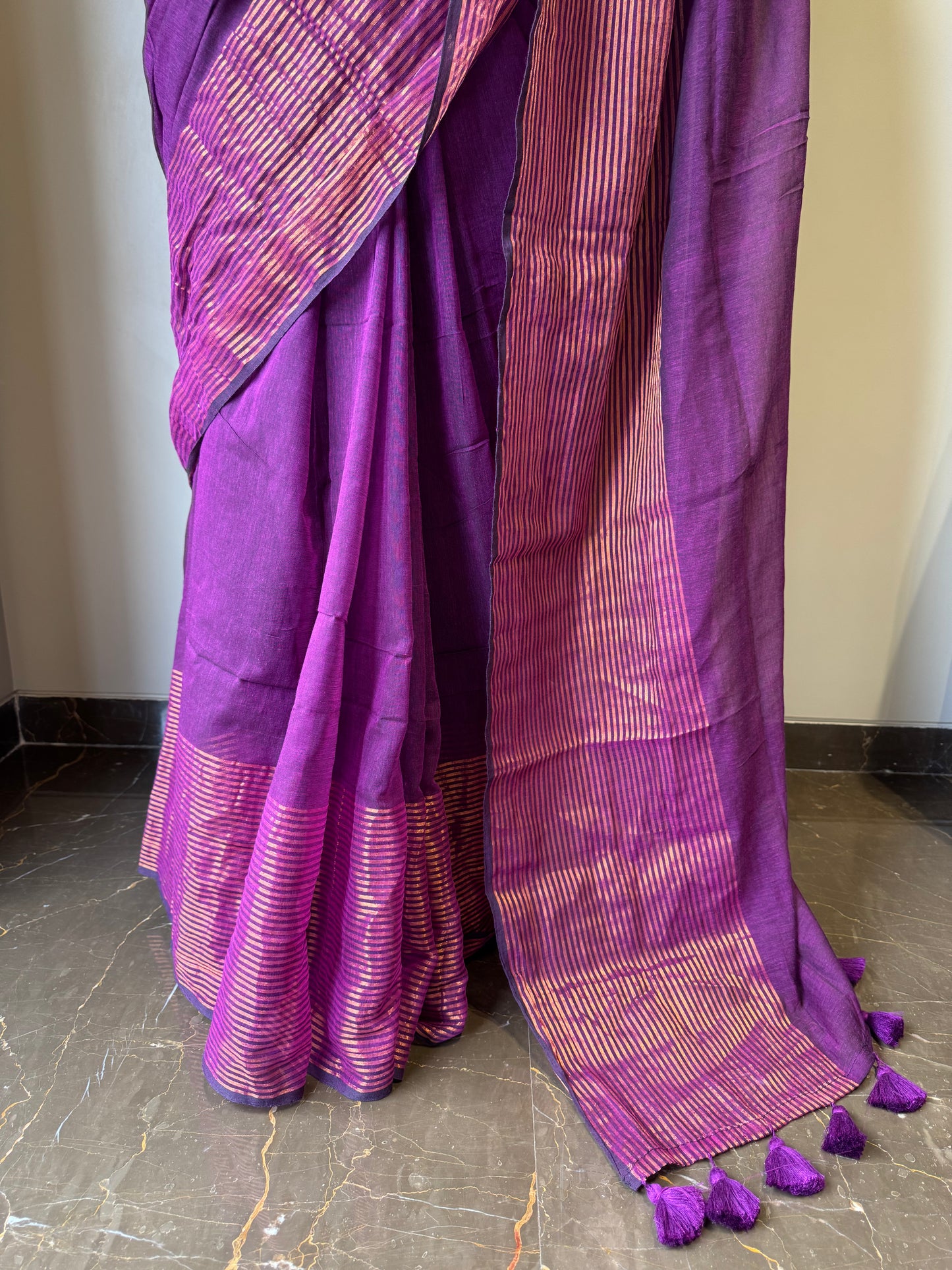 Mul Saree with Striped Zari Border - Purple