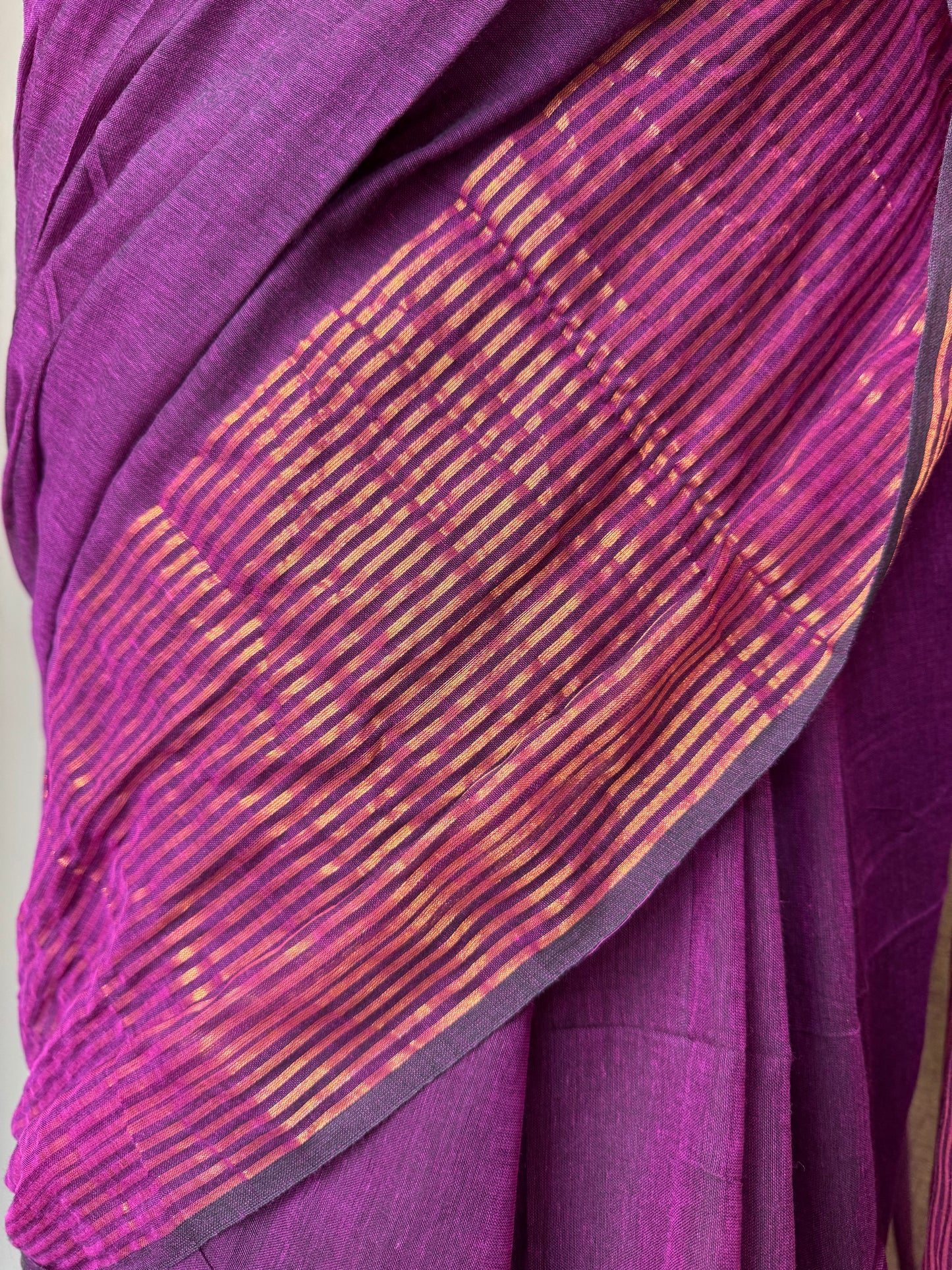 Mul Saree with Striped Zari Border - Purple