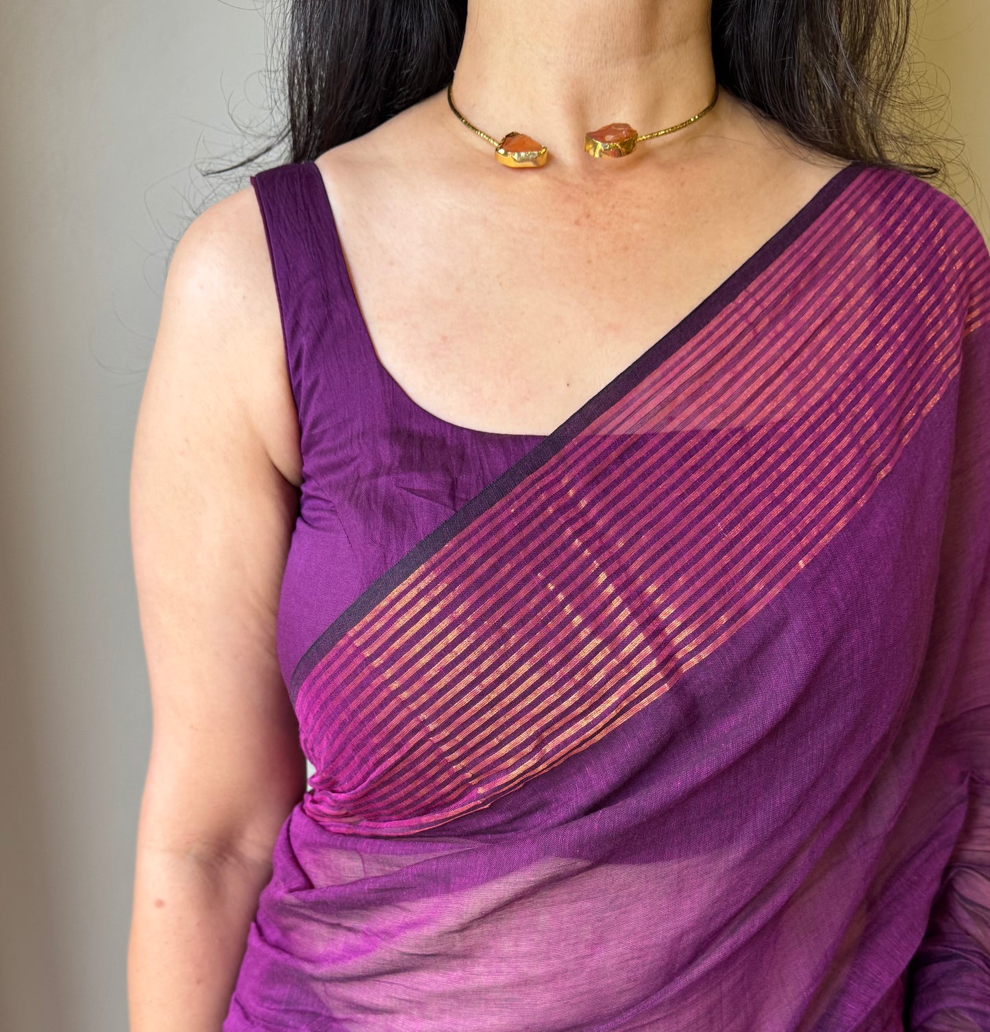 Mul Saree with Striped Zari Border - Purple