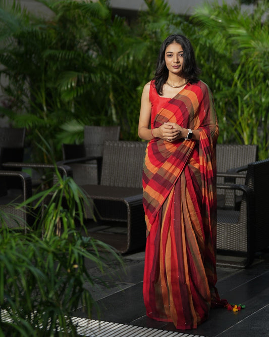 Mul Cotton Striped Saree with Mini Sequins