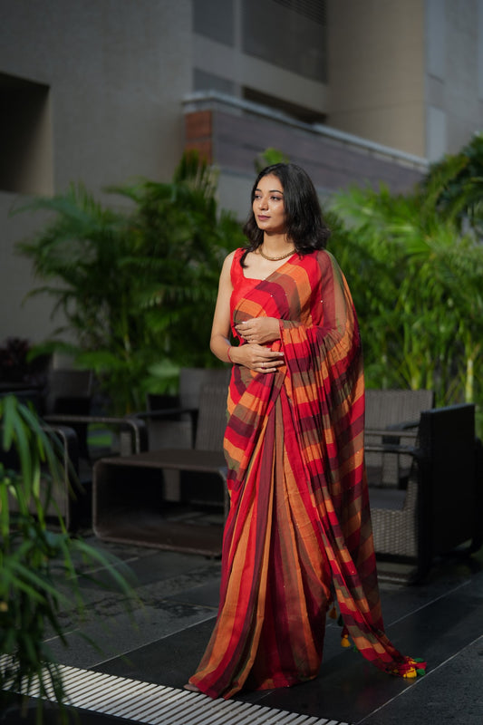 Mul Cotton Striped Saree with Mini Sequins