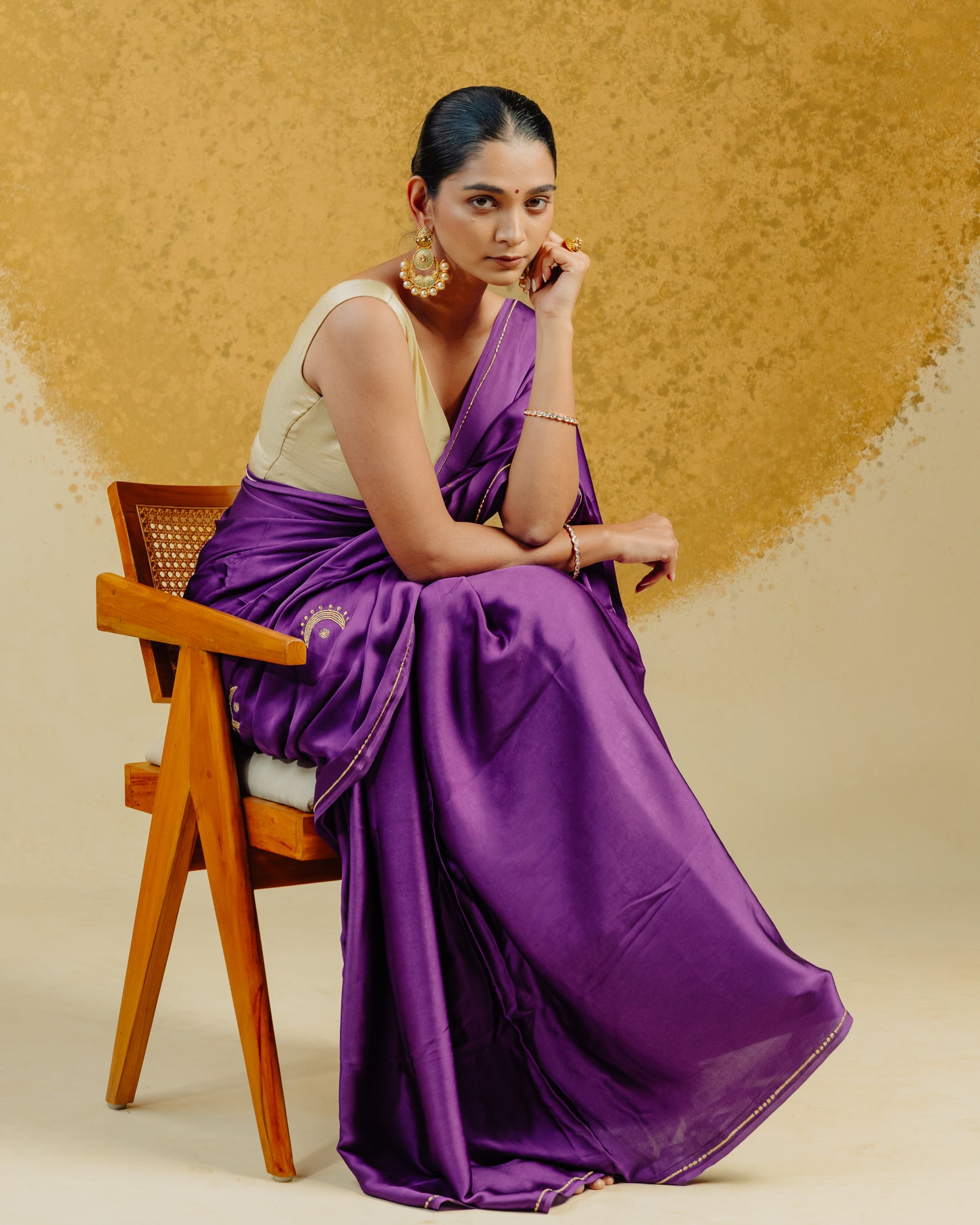 Moon Embroidered Saree - Purple