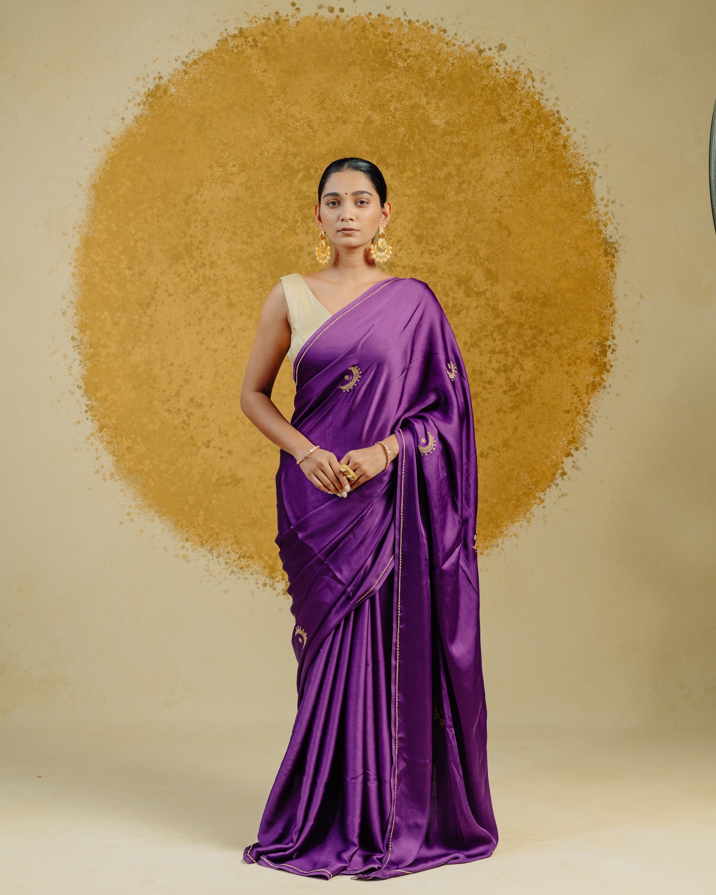 Moon Embroidered Saree - Purple