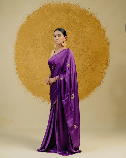 Moon Embroidered Saree - Purple