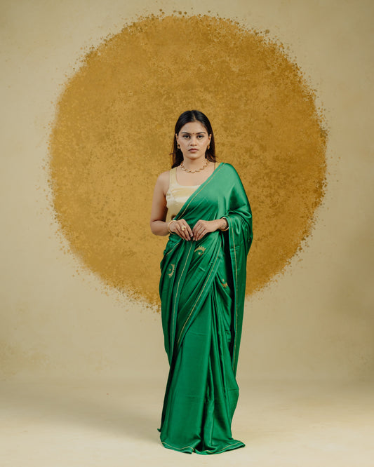 Moon Embroidered Saree - Green