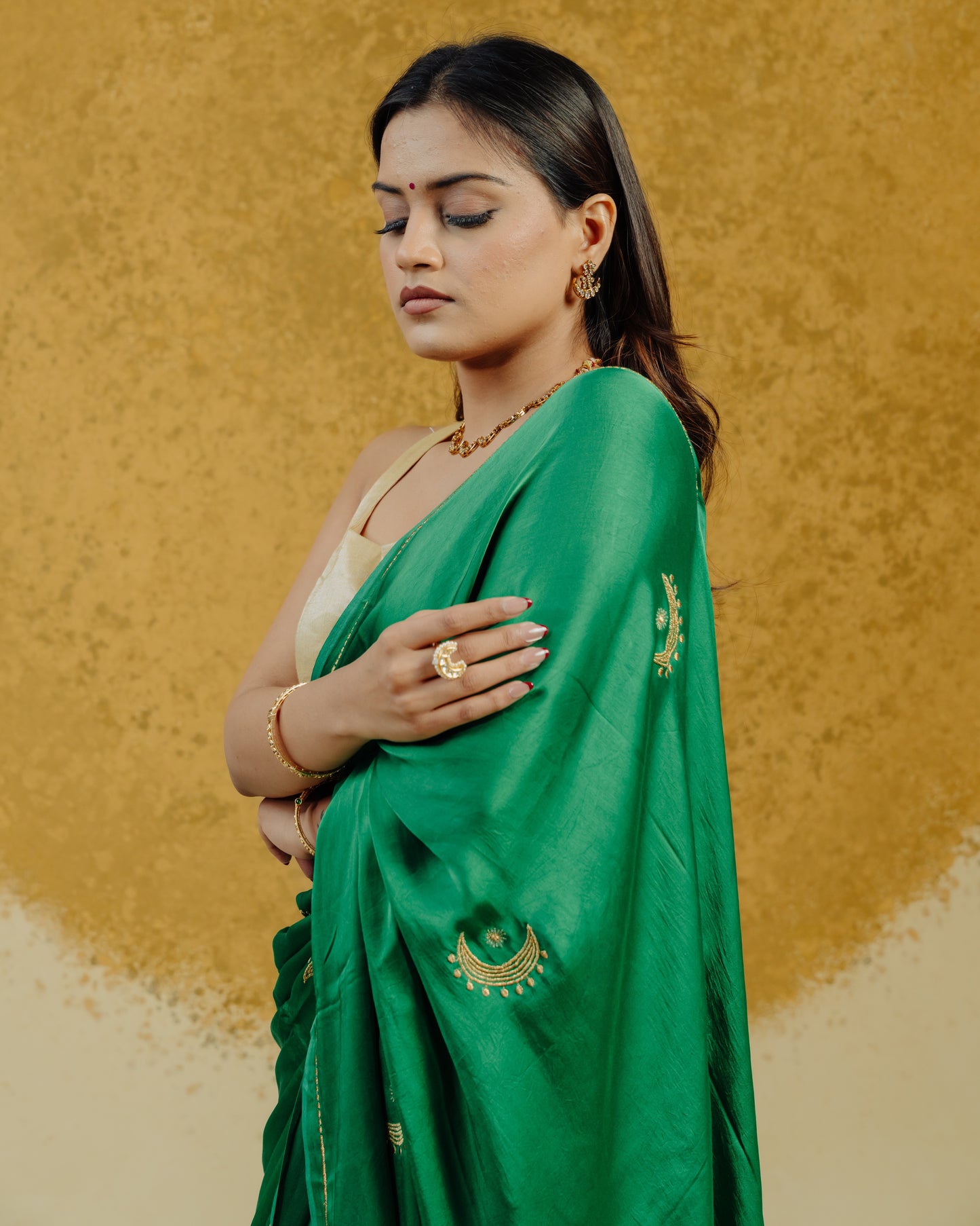 Moon Embroidered Saree - Green