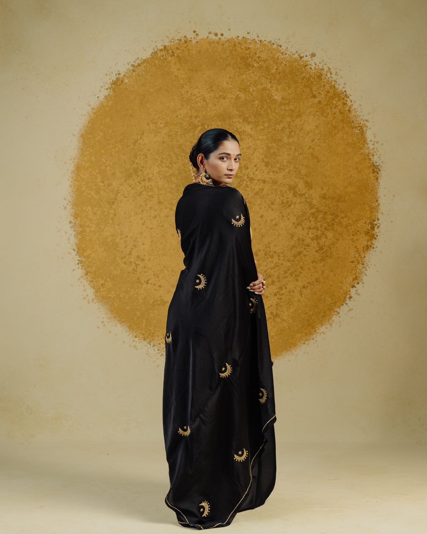 Moon Embroidered Saree - Black