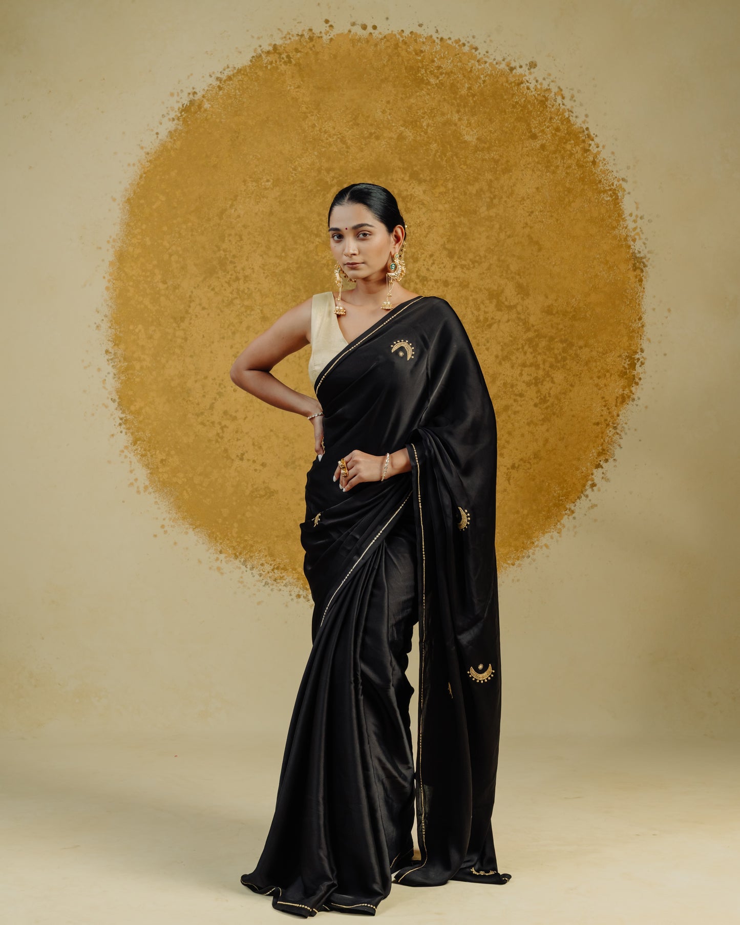 Moon Embroidered Saree - Black