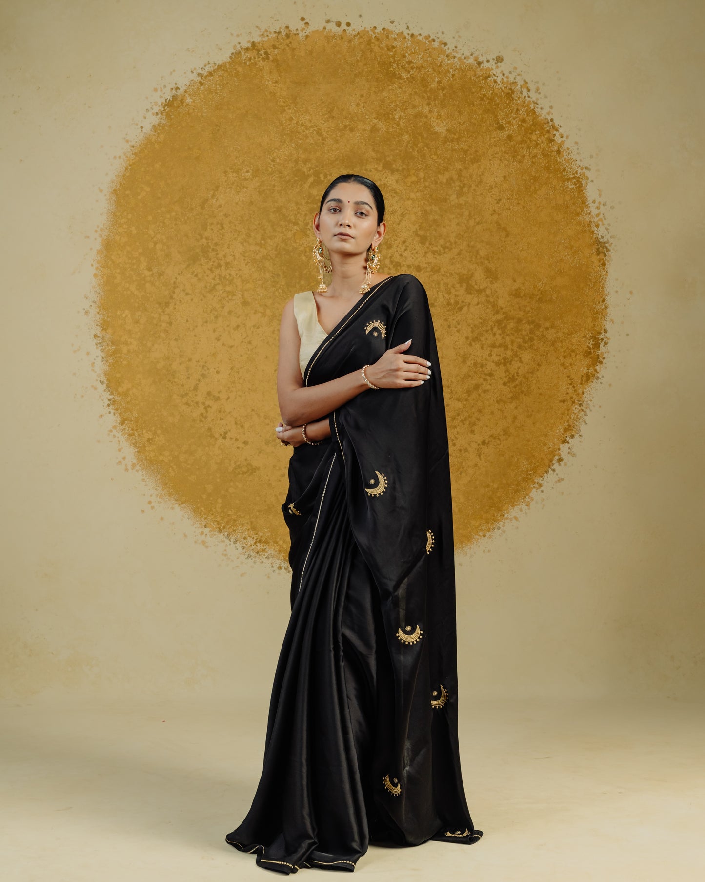Moon Embroidered Saree - Black
