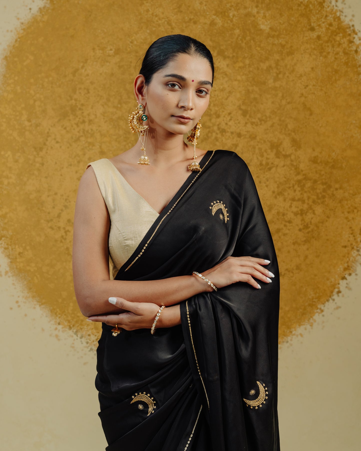 Moon Embroidered Saree - Black