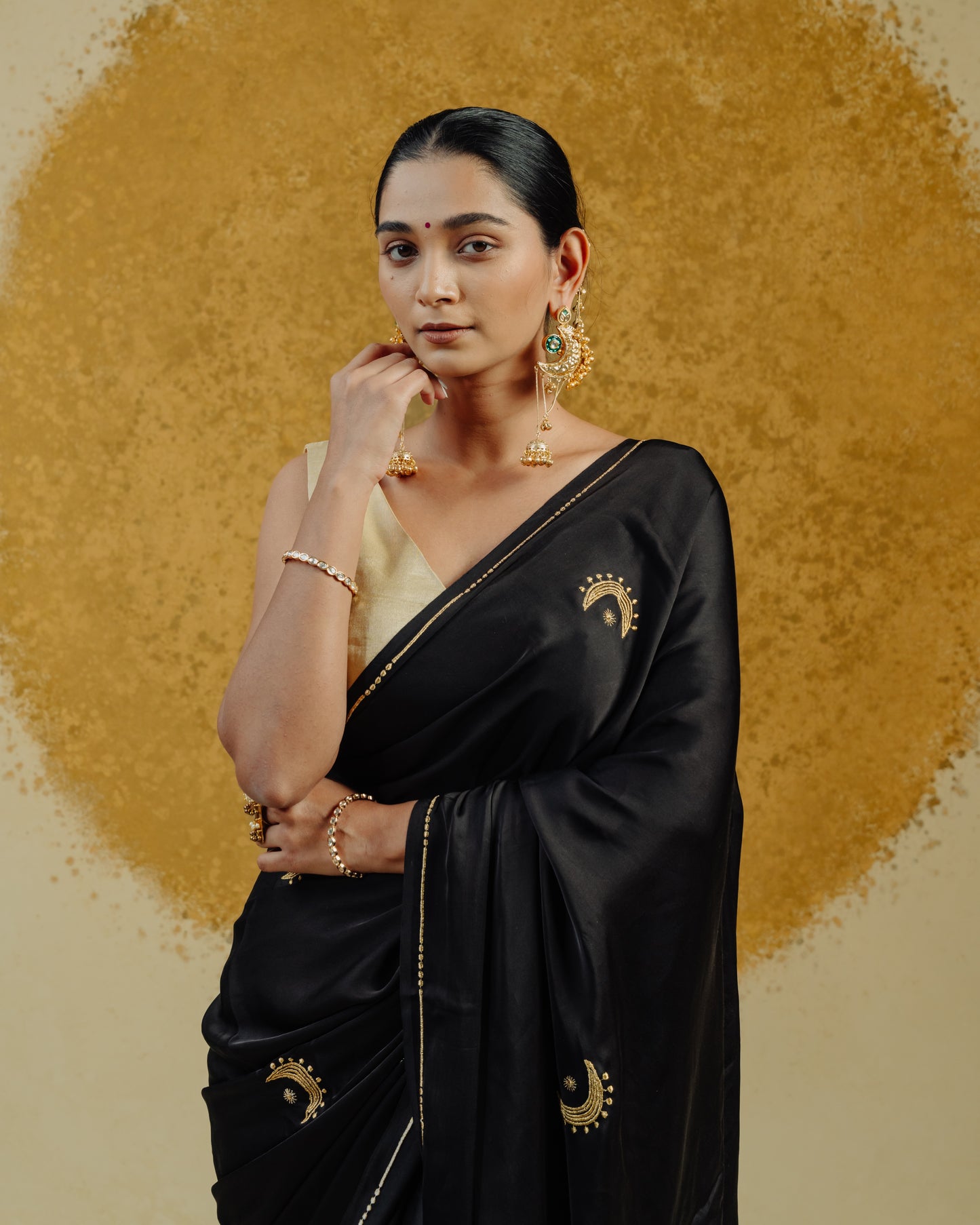 Moon Embroidered Saree - Black