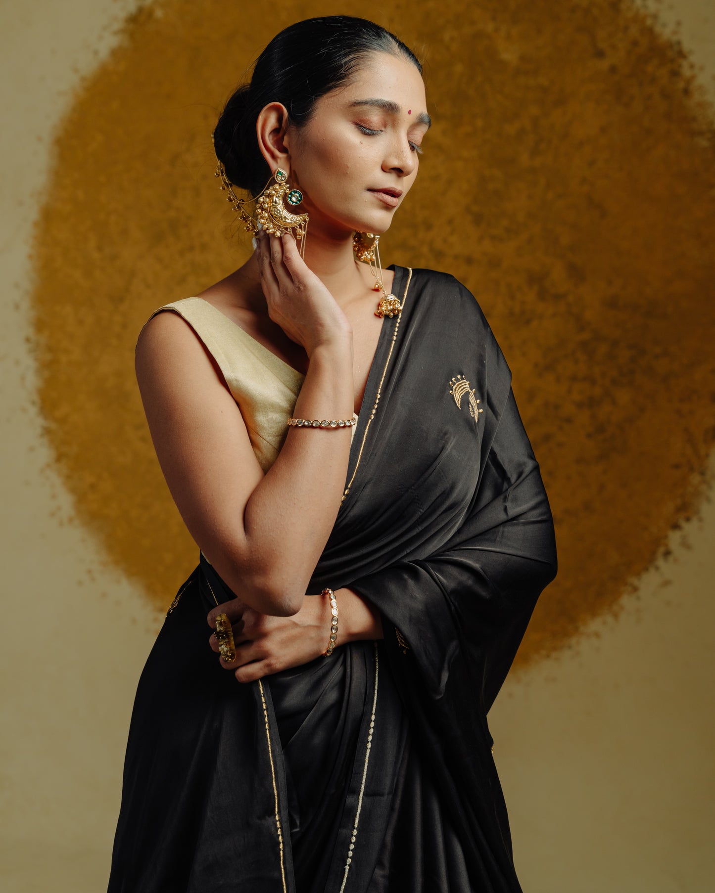 Moon Embroidered Saree - Black