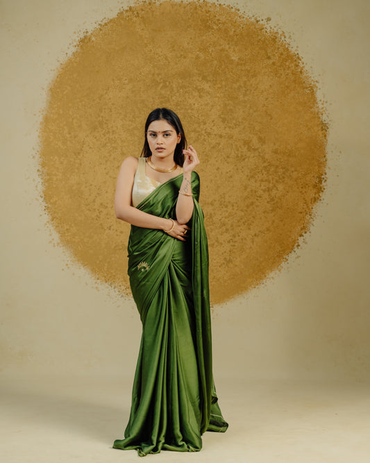 Moon Embroidered Saree - Olive