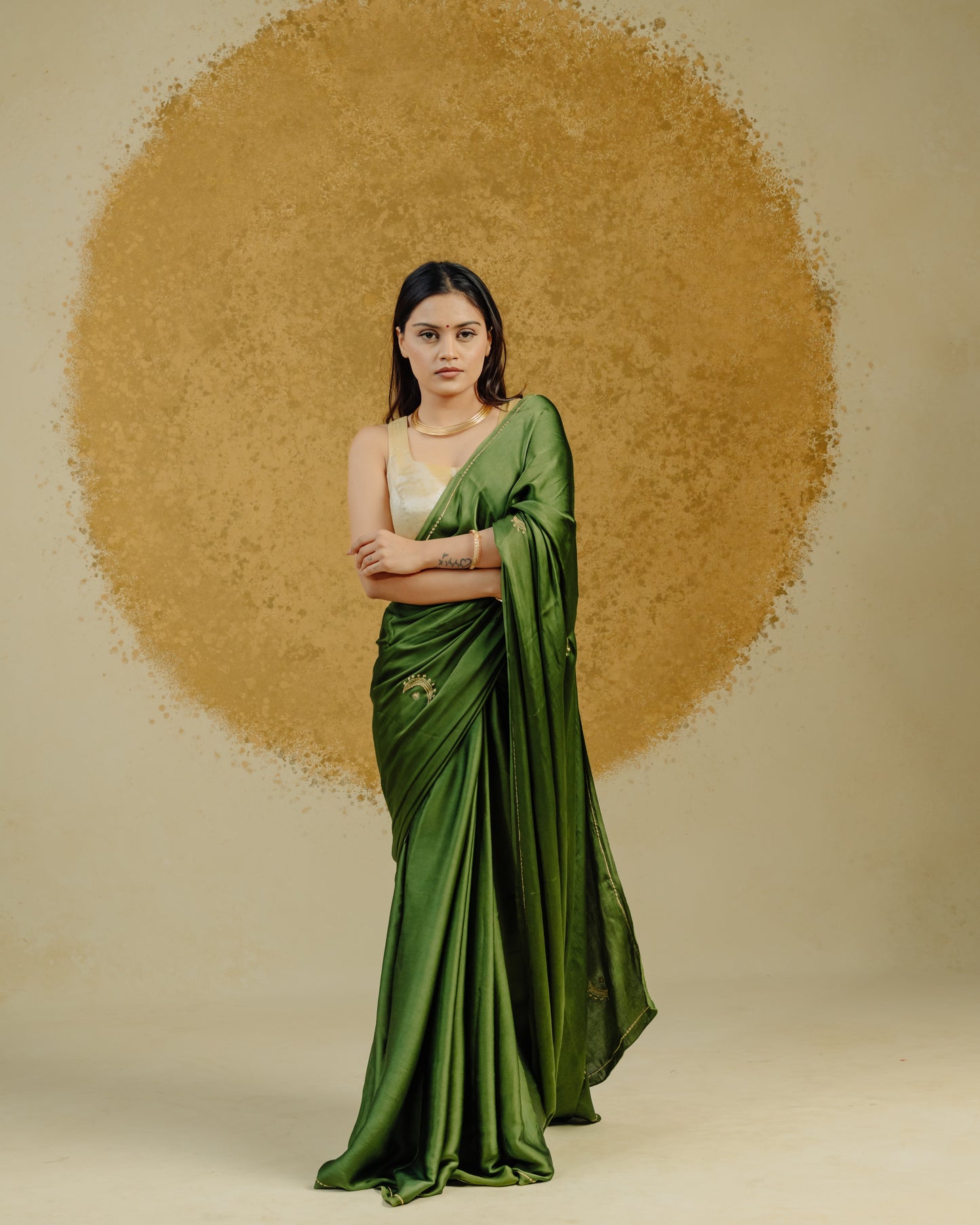Moon Embroidered Saree - Olive
