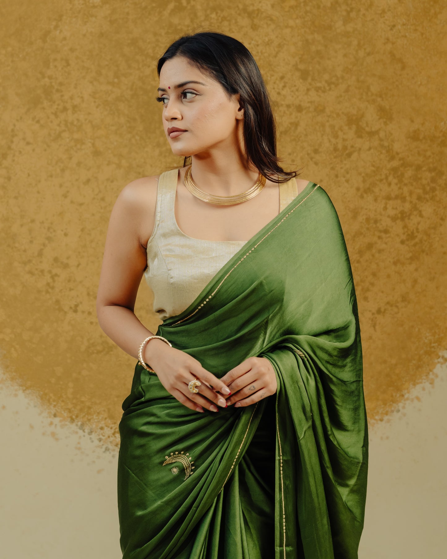 Moon Embroidered Saree - Olive