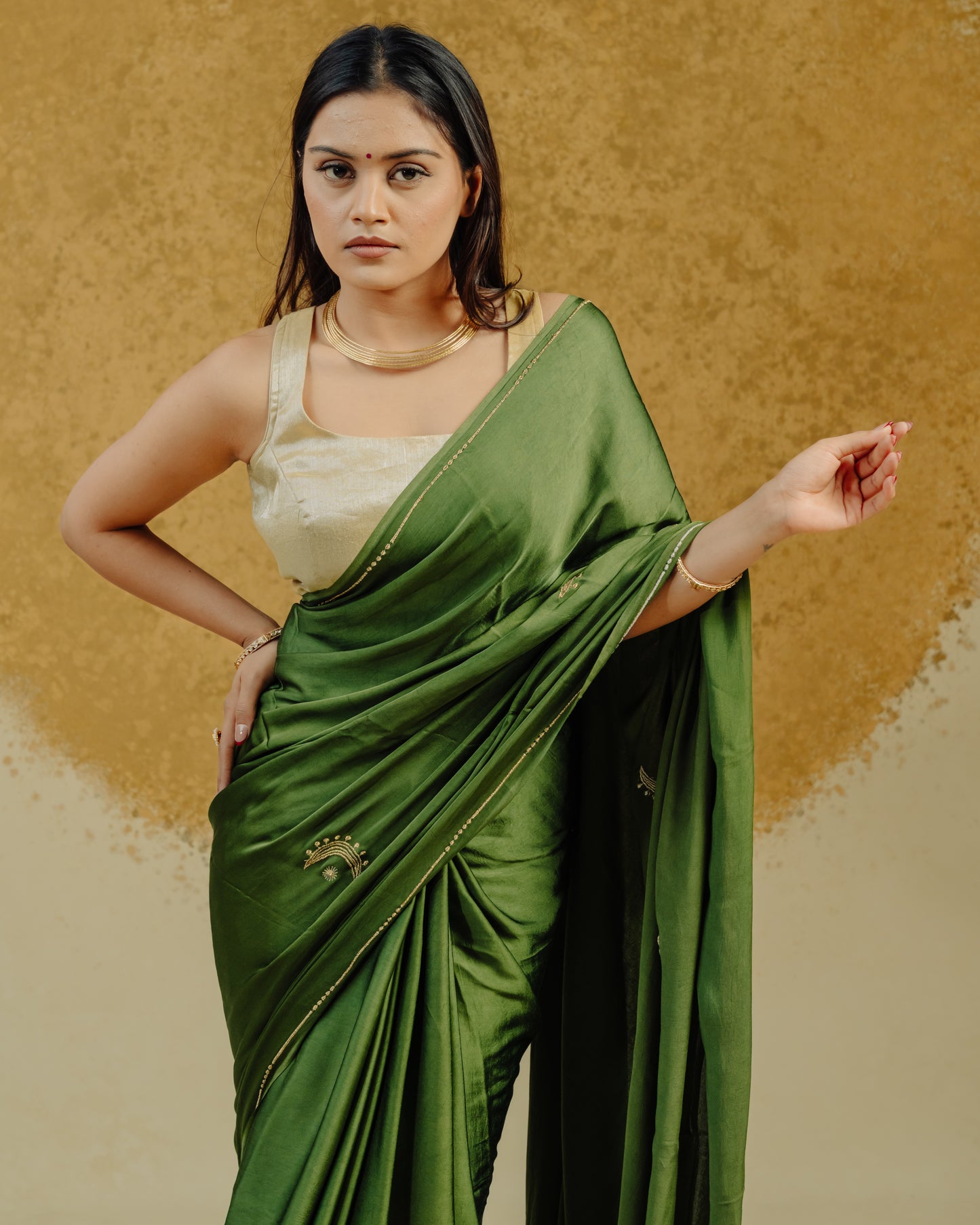 Moon Embroidered Saree - Olive