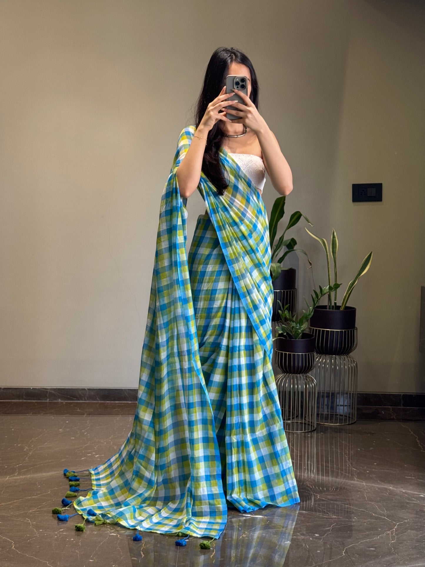 Summer Checks Saree Blue