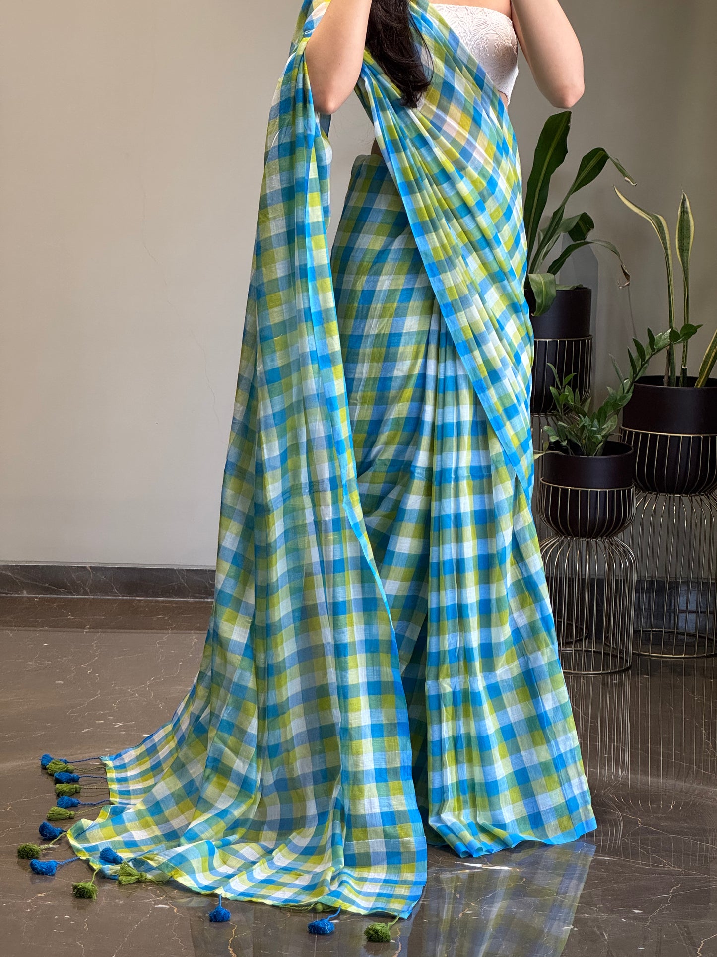 Summer Checks Saree Blue