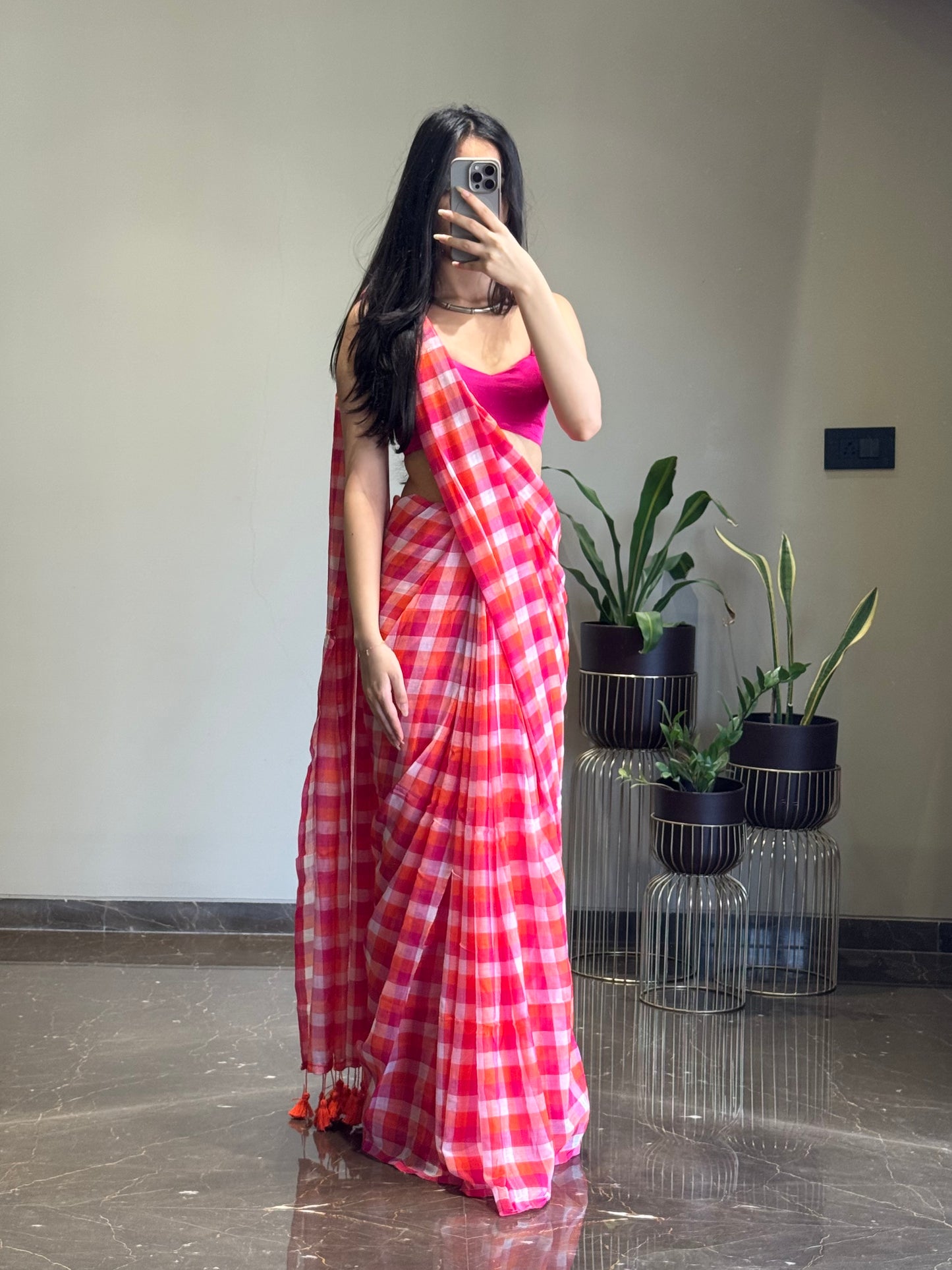 Summer Checks Saree Pink