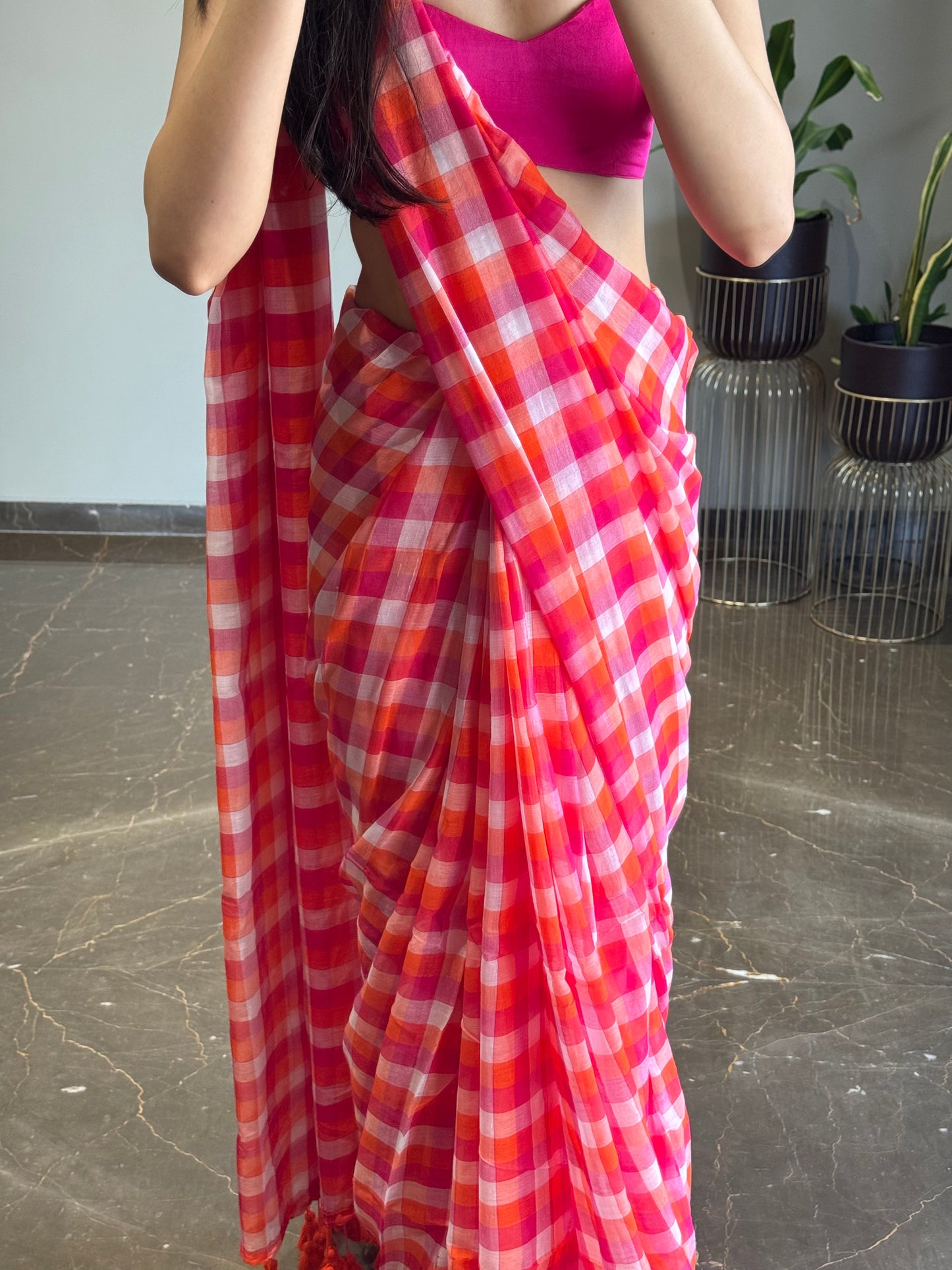 Summer Checks Saree Pink