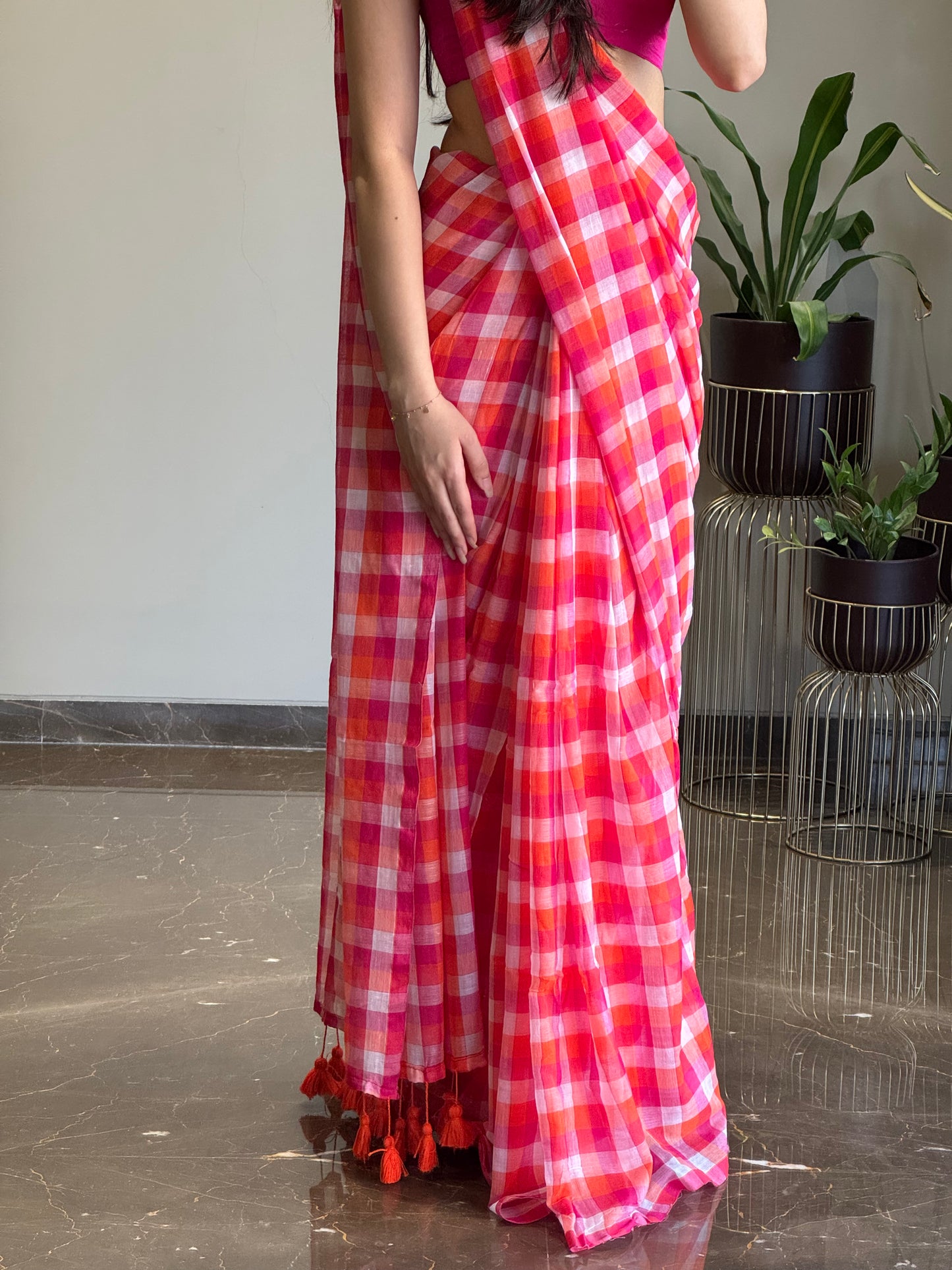 Summer Checks Saree Pink