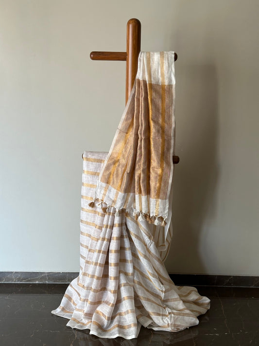 Off-White Linen Saree with Gold Stripes