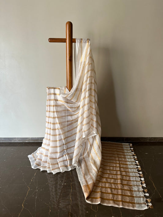 Off-White Linen Saree with Gold Stripes