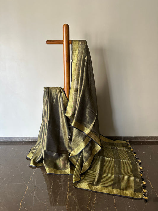 Dark Olive Linen Tissue Saree