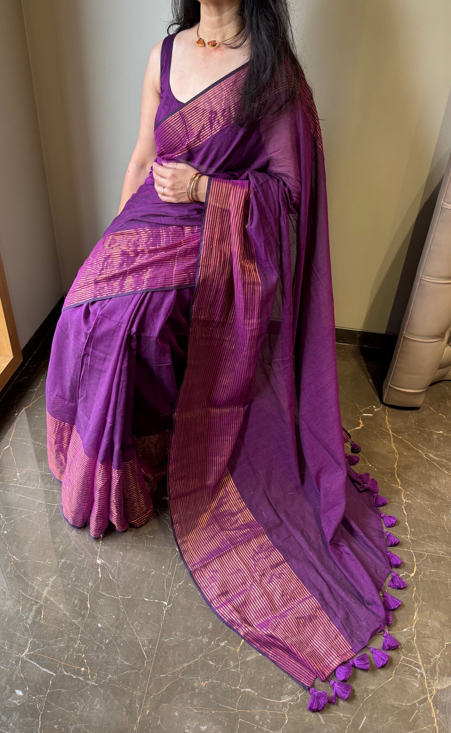 Mul Saree with Striped Zari Border - Purple