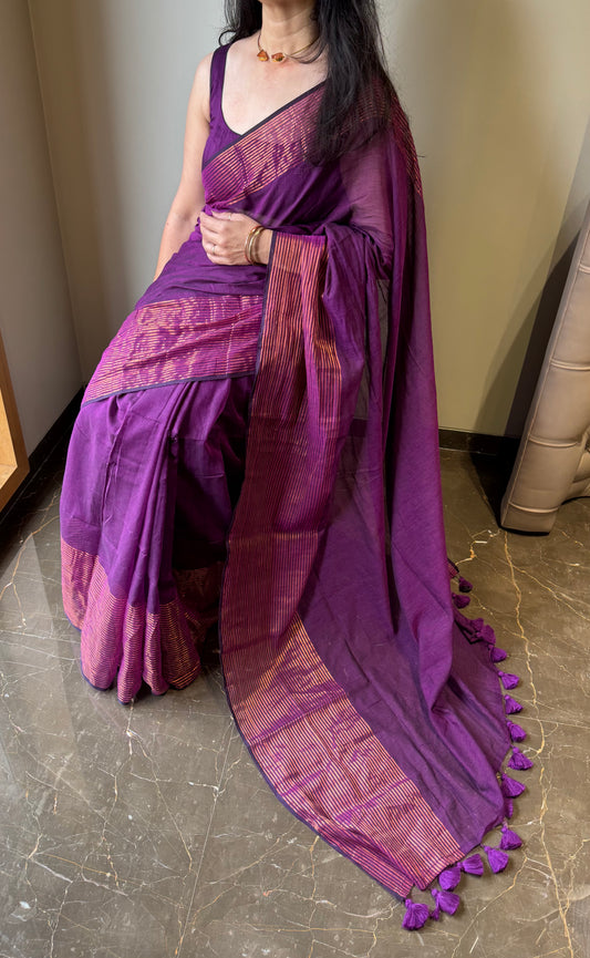 Mul Saree with Striped Zari Border - Purple