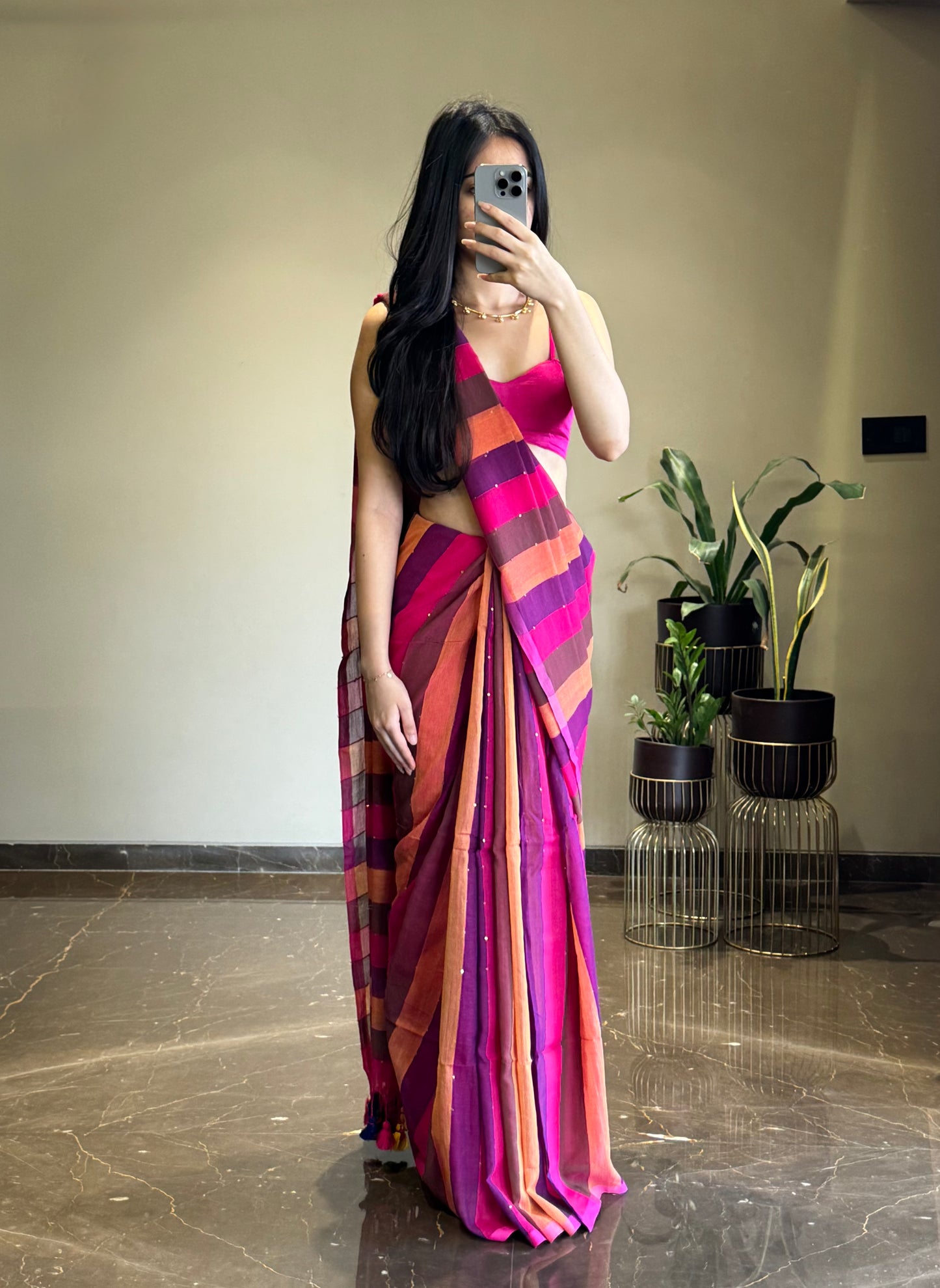 Mul Cotton Striped Saree with Mini Sequins Pink
