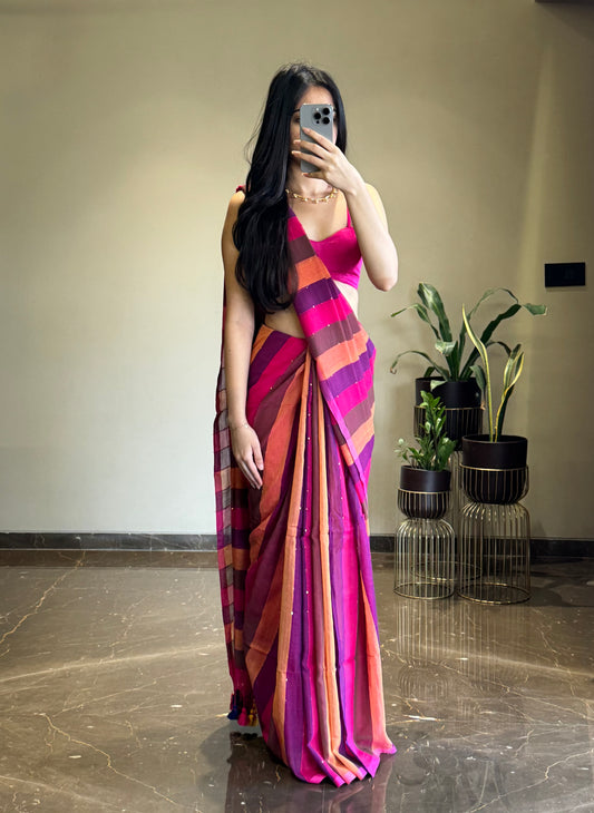Mul Cotton Striped Saree with Mini Sequins Pink