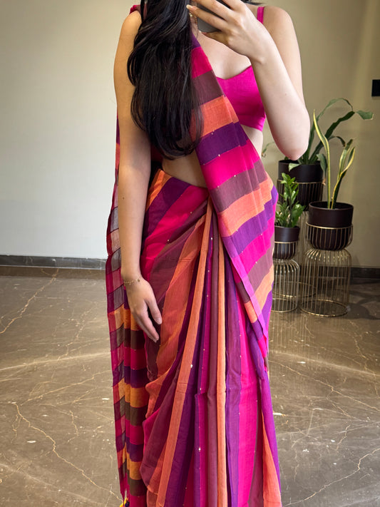 Mul Cotton Striped Saree with Mini Sequins Pink