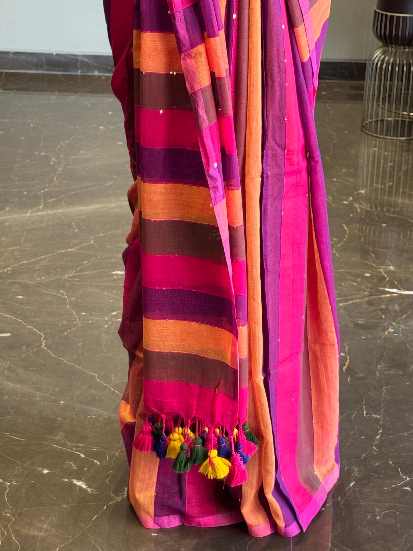 Mul Cotton Striped Saree with Mini Sequins Pink