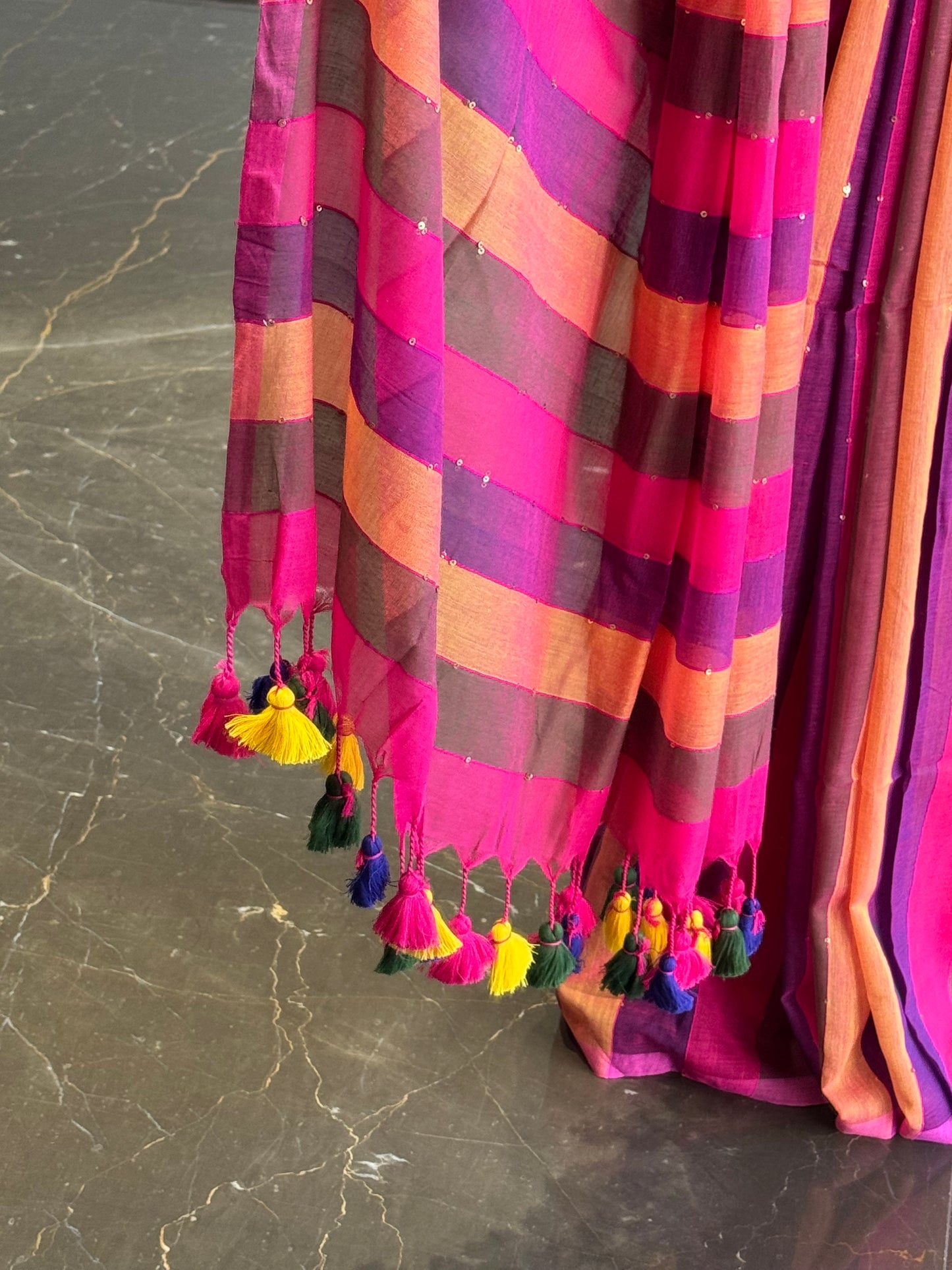 Mul Cotton Striped Saree with Mini Sequins Pink