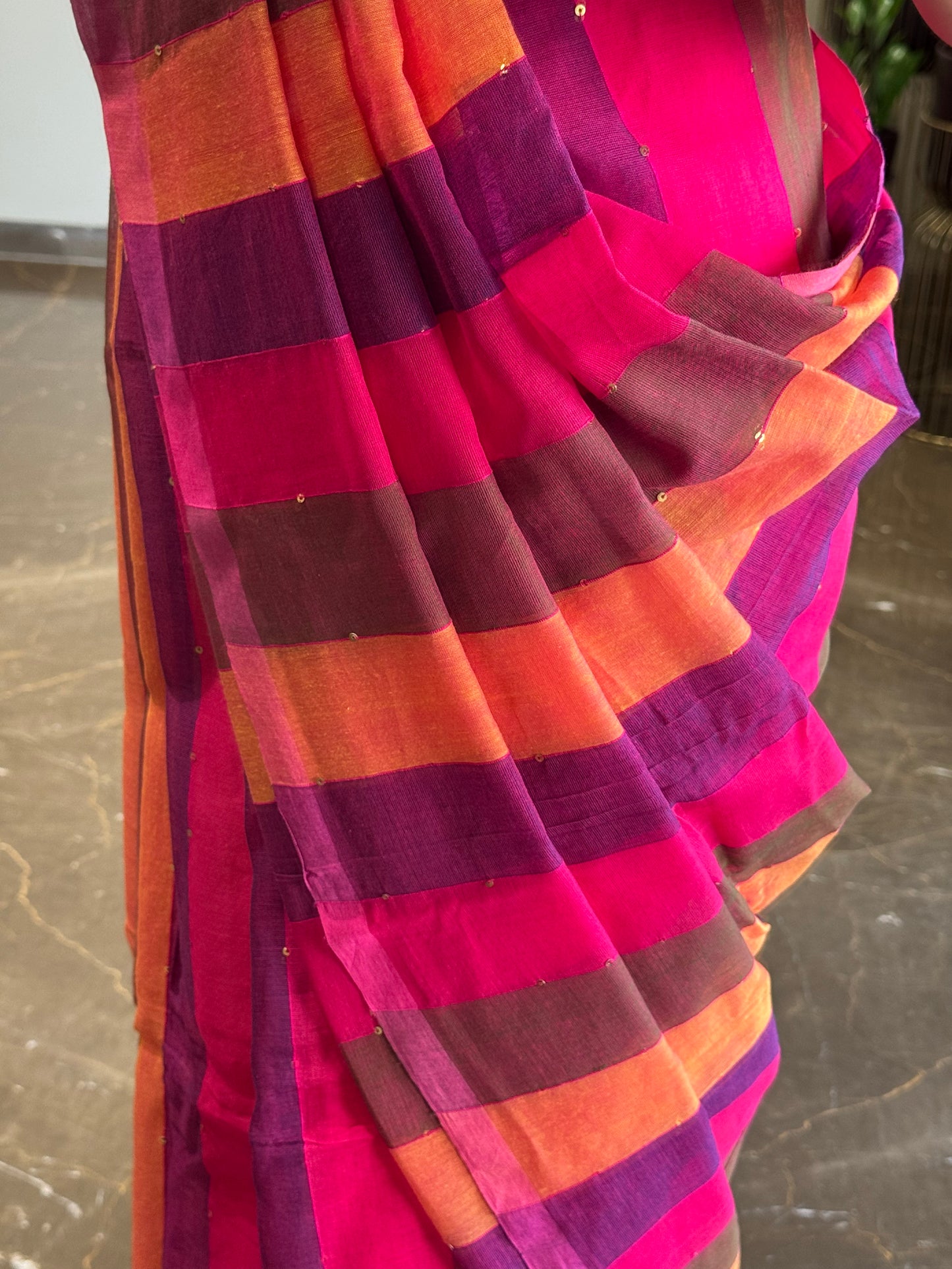 Mul Cotton Striped Saree with Mini Sequins Pink