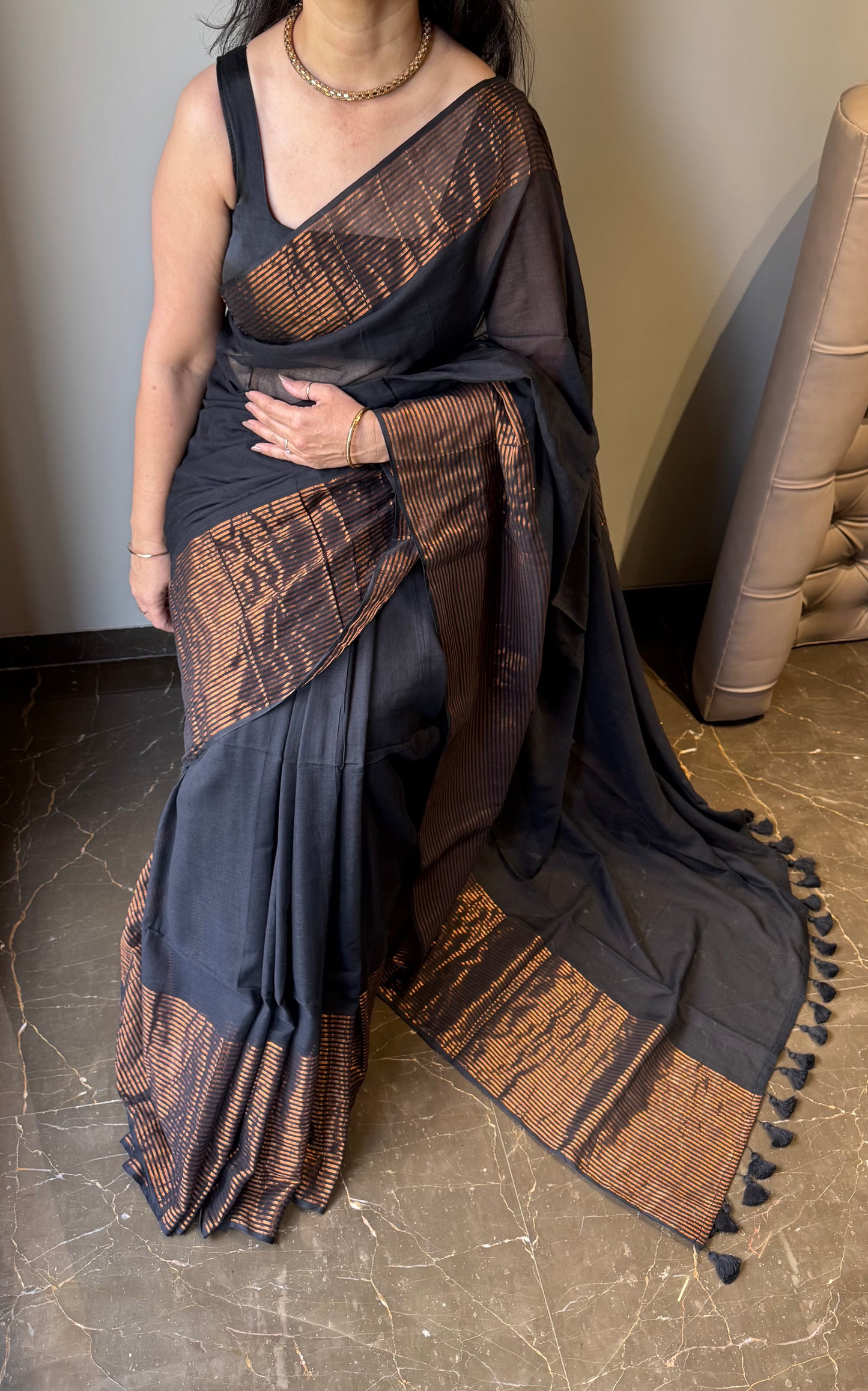 Mul Saree with Striped Zari Border - Black